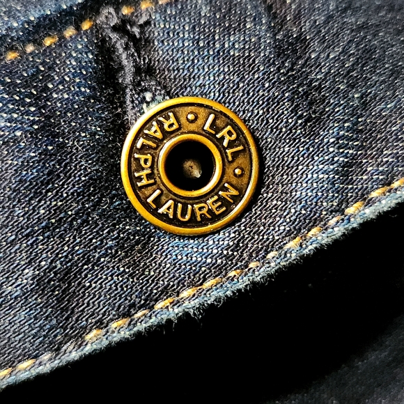 Ralph Lauren Dark Blue Denim Jacket Leather Trim Collar Large - Picture 10 of 13